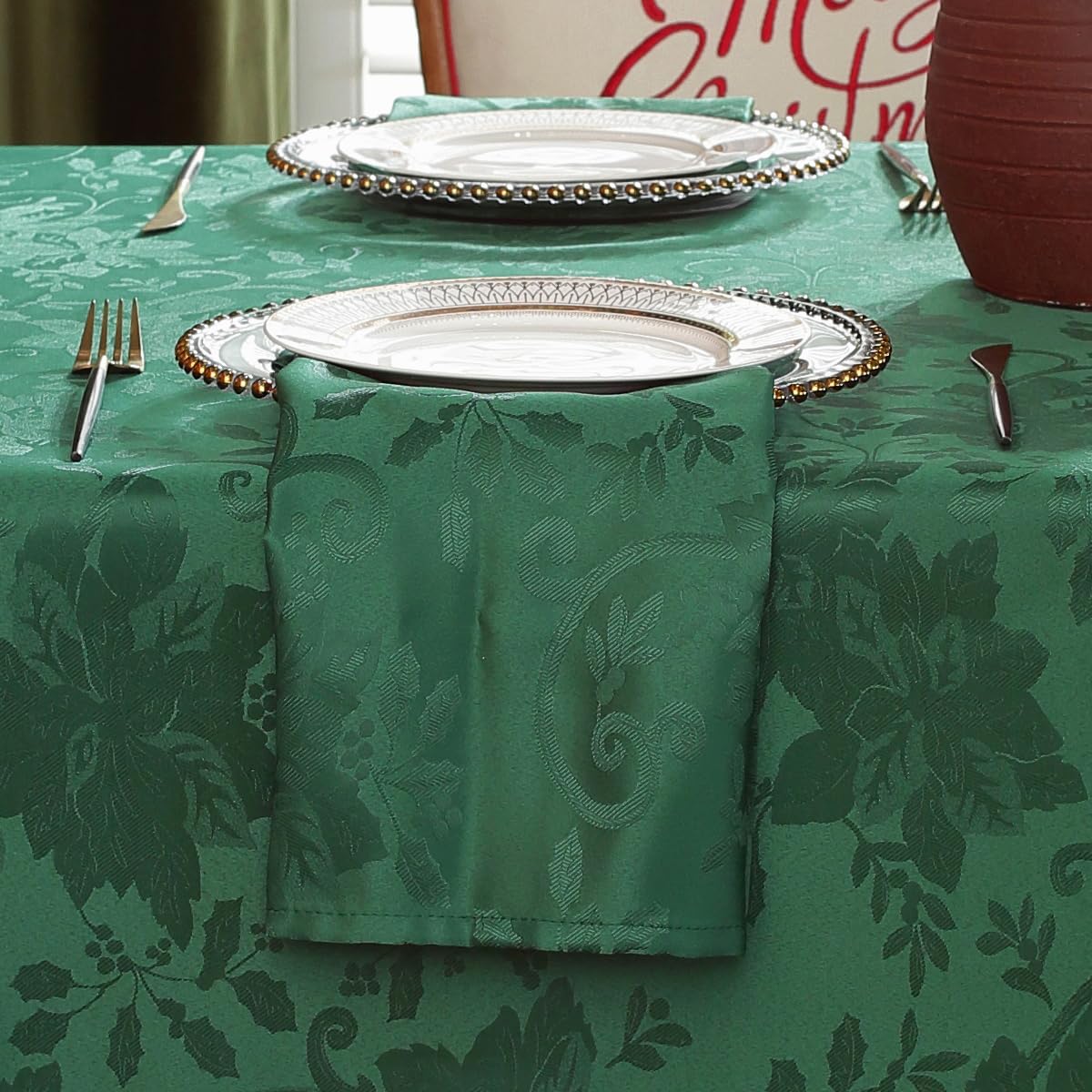 SASTYBALE Christmas Cloth Napkins Washable, Jacquard Napkins with Poinsettia Design, 4 Pieces Napkins Set for Winter, Xmas and Holidays Party (Square, 20