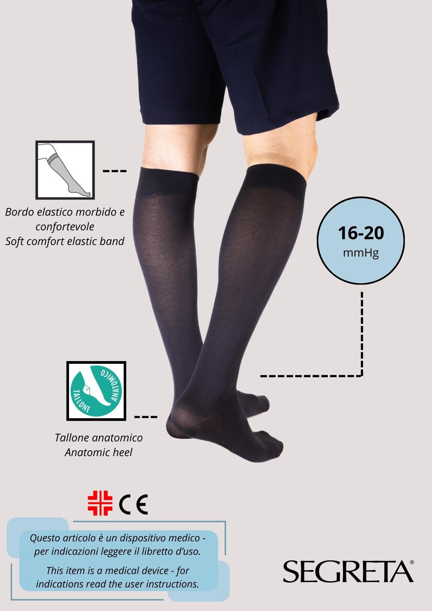 SEGRETA 00272 - Calza Compressione Graduata Uomo Donna, Calzino Riposante Unisex, Gambaletto in Cotone con Effetto Antifatica, Morbido e Confortevole, 14-18 mmHg