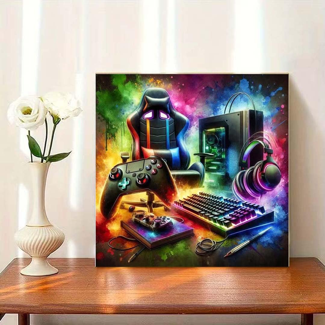 OJTOYART Video Game Diamond Art Kits for Adults,DIY Gaming Equipment Diamond Painting Kits for Beginner,5D Full Round Drill Diamond Gem Painting Kits for Home Wall Decor 13.79 x 13.79Inch - 5