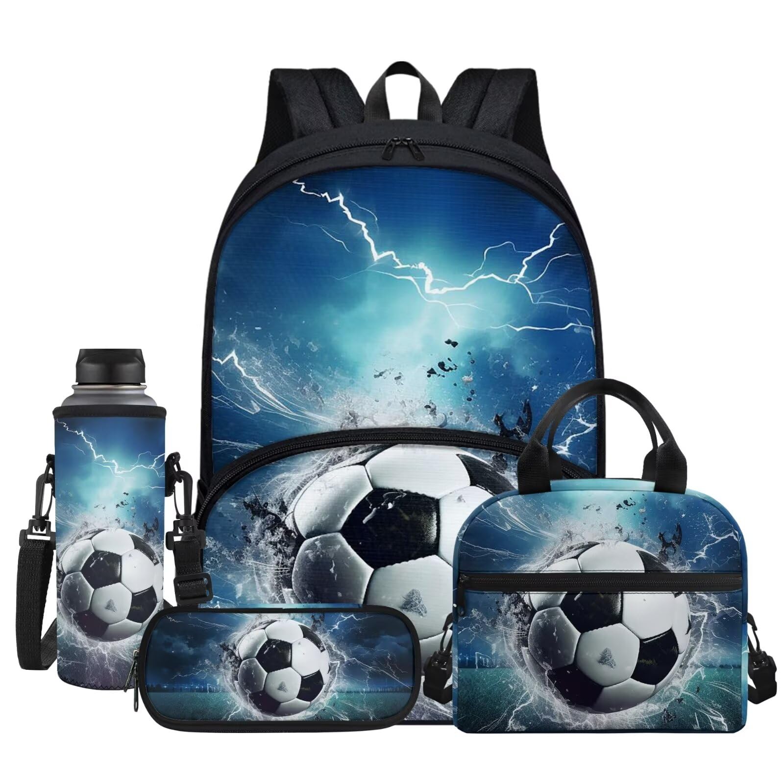 Jndtueit Boys Soccer Football Blue Lightning Galaxy Book Bag Set 4 In 1 Schoolbag Carry on Backpack Large Capacity Daypack Knapsack Rucksack Insulated
