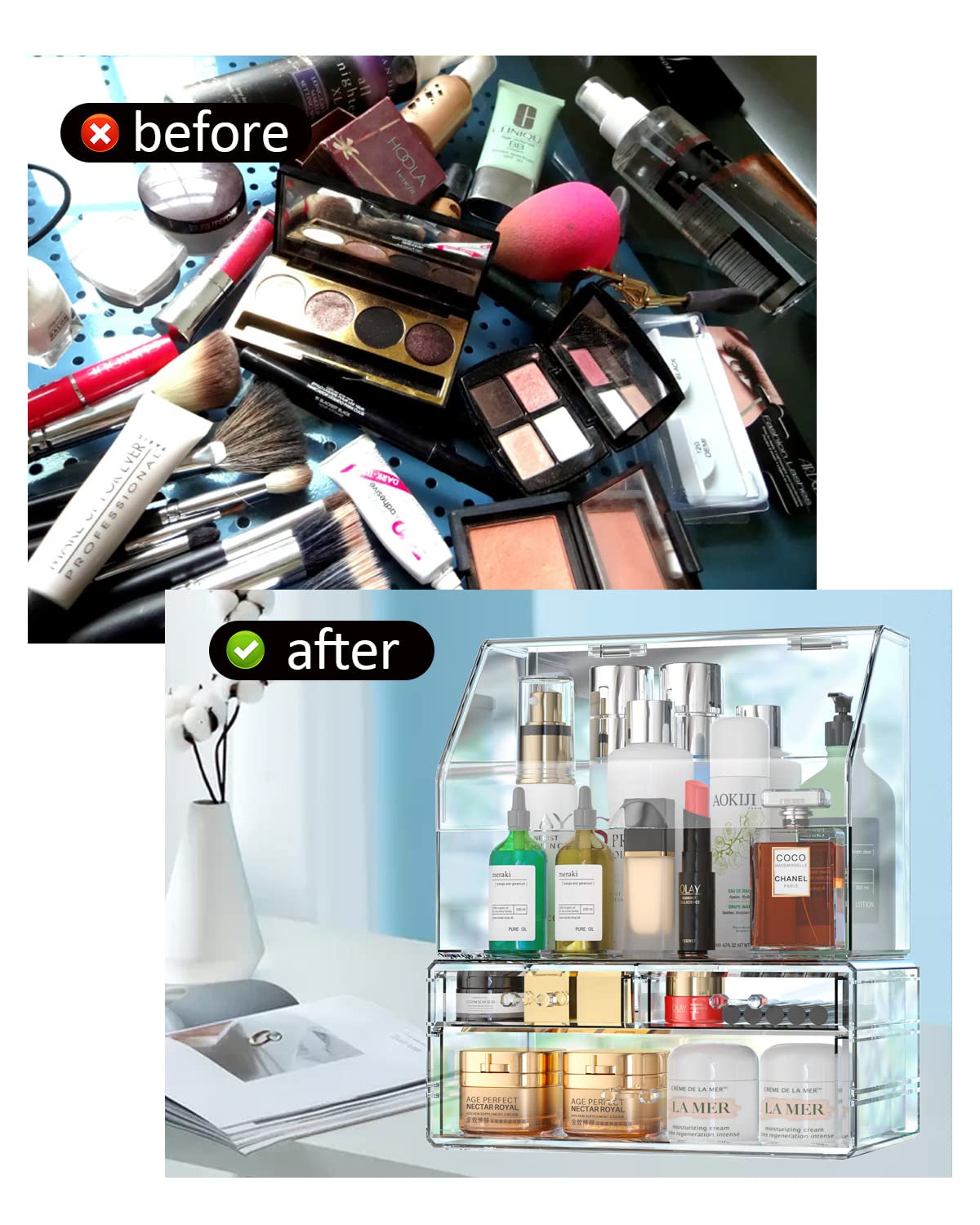 KSacry Makeup Organizer Clear Bathroom Organizer Acrylic Perfume Organizer Large Skincare Organizer W/Lid Dustproof Waterproof Cosmetic Display Case 11" W x 6.7" D x 12.59" H with Drawers Stackable
