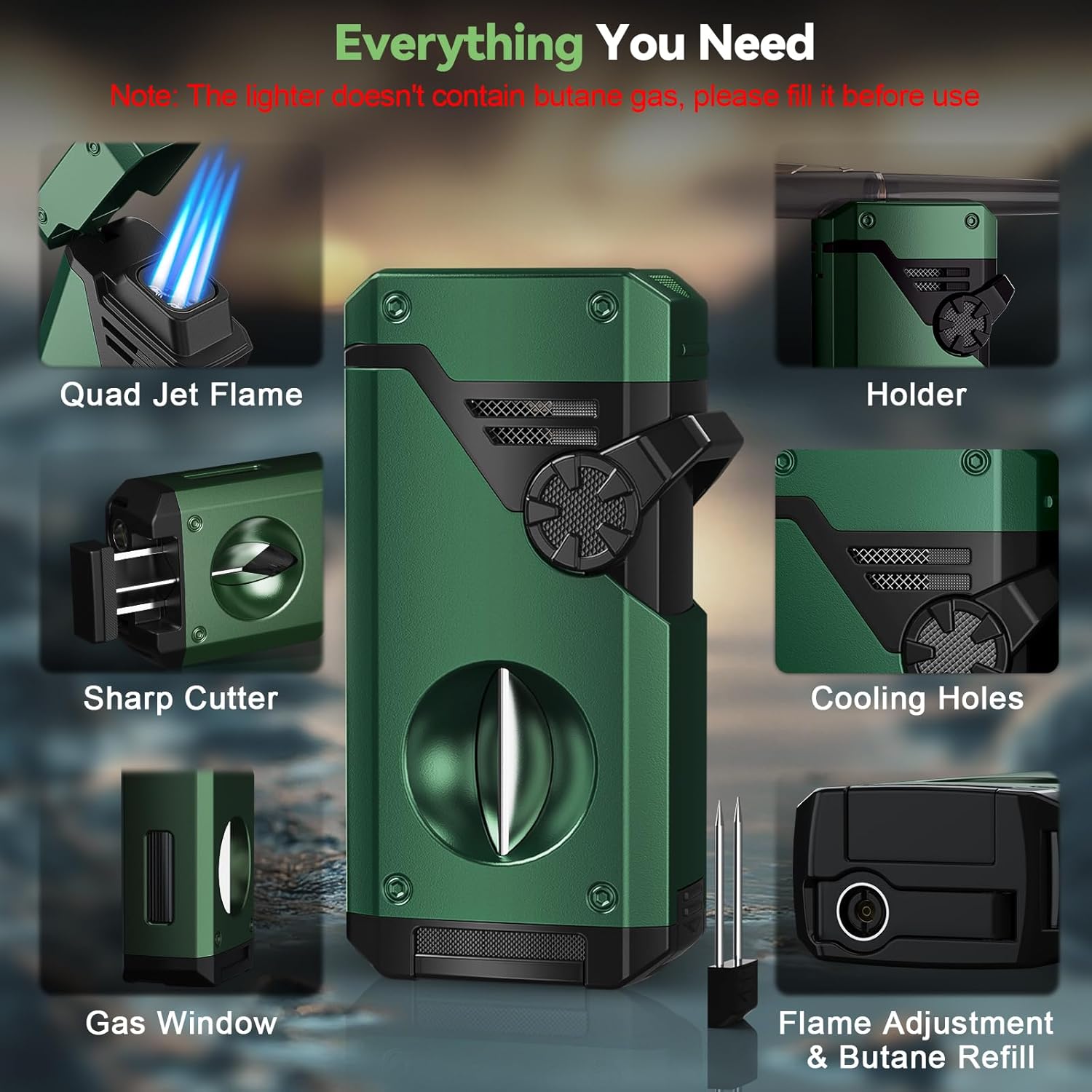5-in-1 Torch Lighter, 4 Jet Windproof Flame with Built-in Cutter, Holder, Punch, Draw Enhancer Tool, Refillable Butane Torch Lighters, Multi-Functional Accessories, Gifts for Men, Lighters for Candle