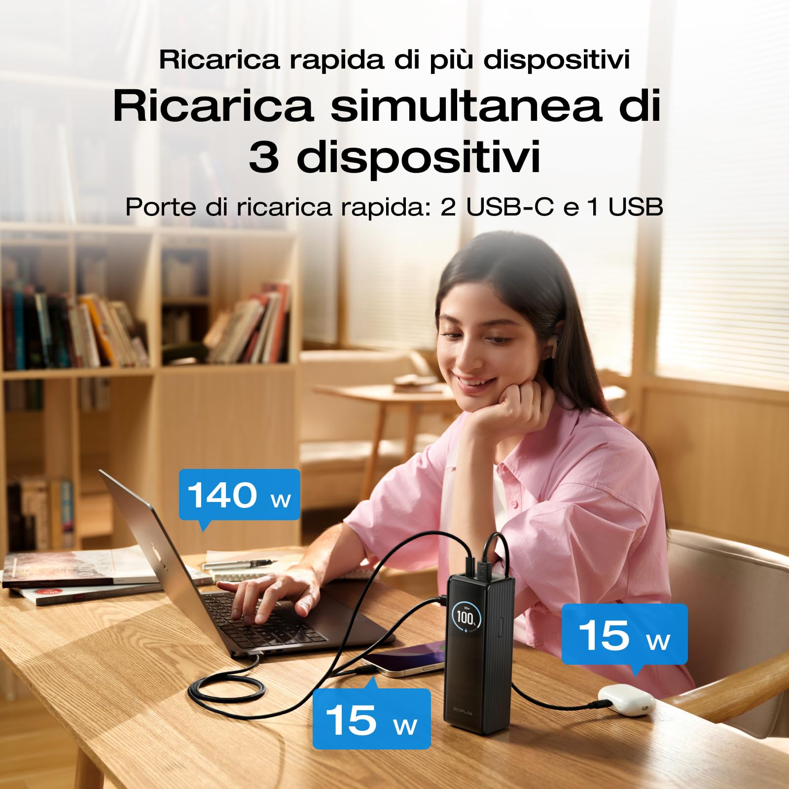 EcoFlow RAPID Power Bank (25.000 mAh, 170 W) Caricatore portatile con doppia porta USB-C da 140 W per la ricarica di più dispositivi, per iPhone Series, Samsung, MacBook e altro (Nero)