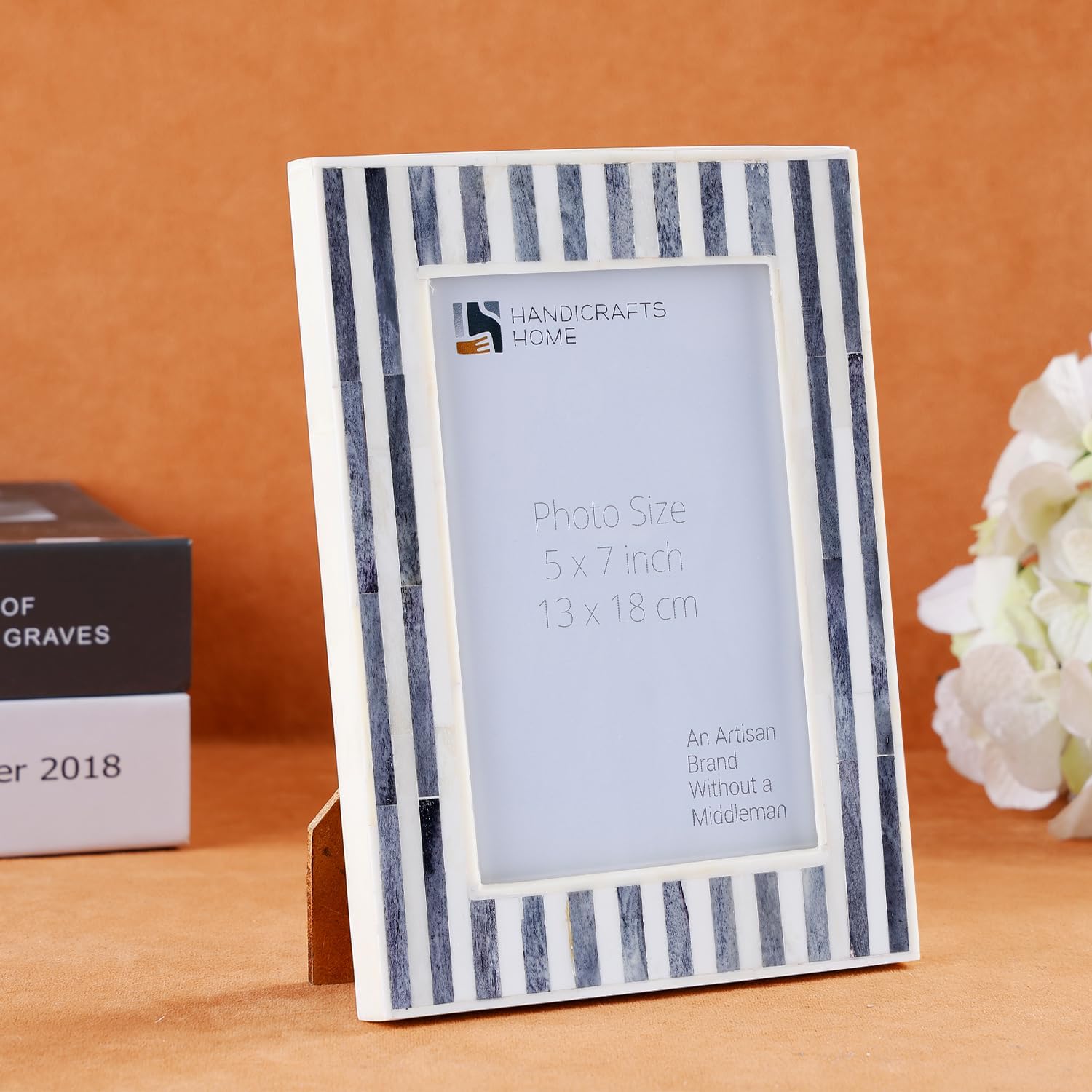 Handicrafts Home 5x7 White Picture Frame, Photo Frame for Wall & Tabletop, Handmade Grey & White Bone Inlay Frame for Modern Farmhouse Boho Decor for Living Room, Bedroom Office Decor, Desk, Shelf & Gallery Wall - kayala Saje