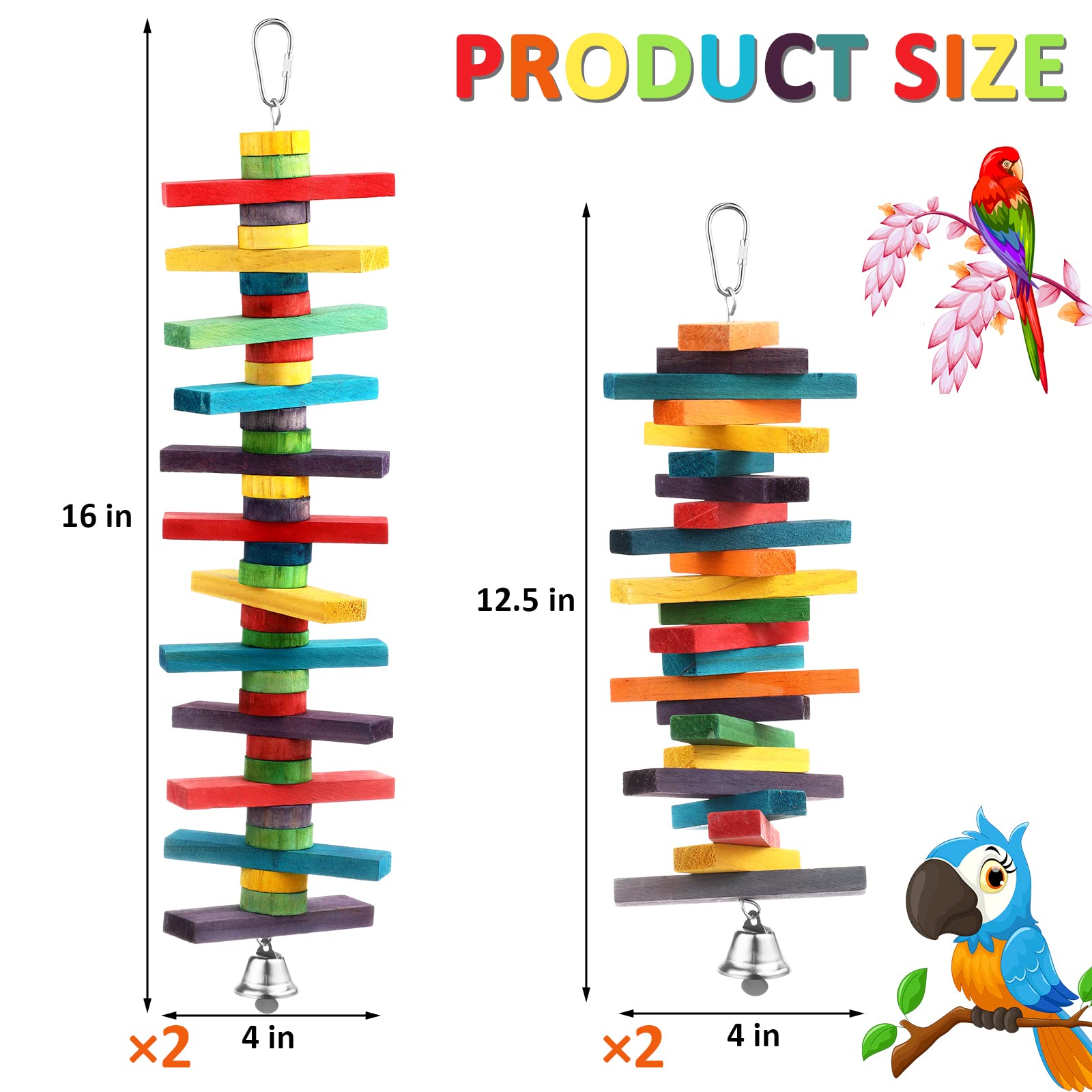 4 Pcs Bird Parrot Toys with Multicolored Natural Wood Blocks, Bird Chew Toys for Large Medium Parrots Macaws Lovebirds Doves Cockatiels Conures Parakeets Chewing Biting Foraging, 2 Designs - image 3