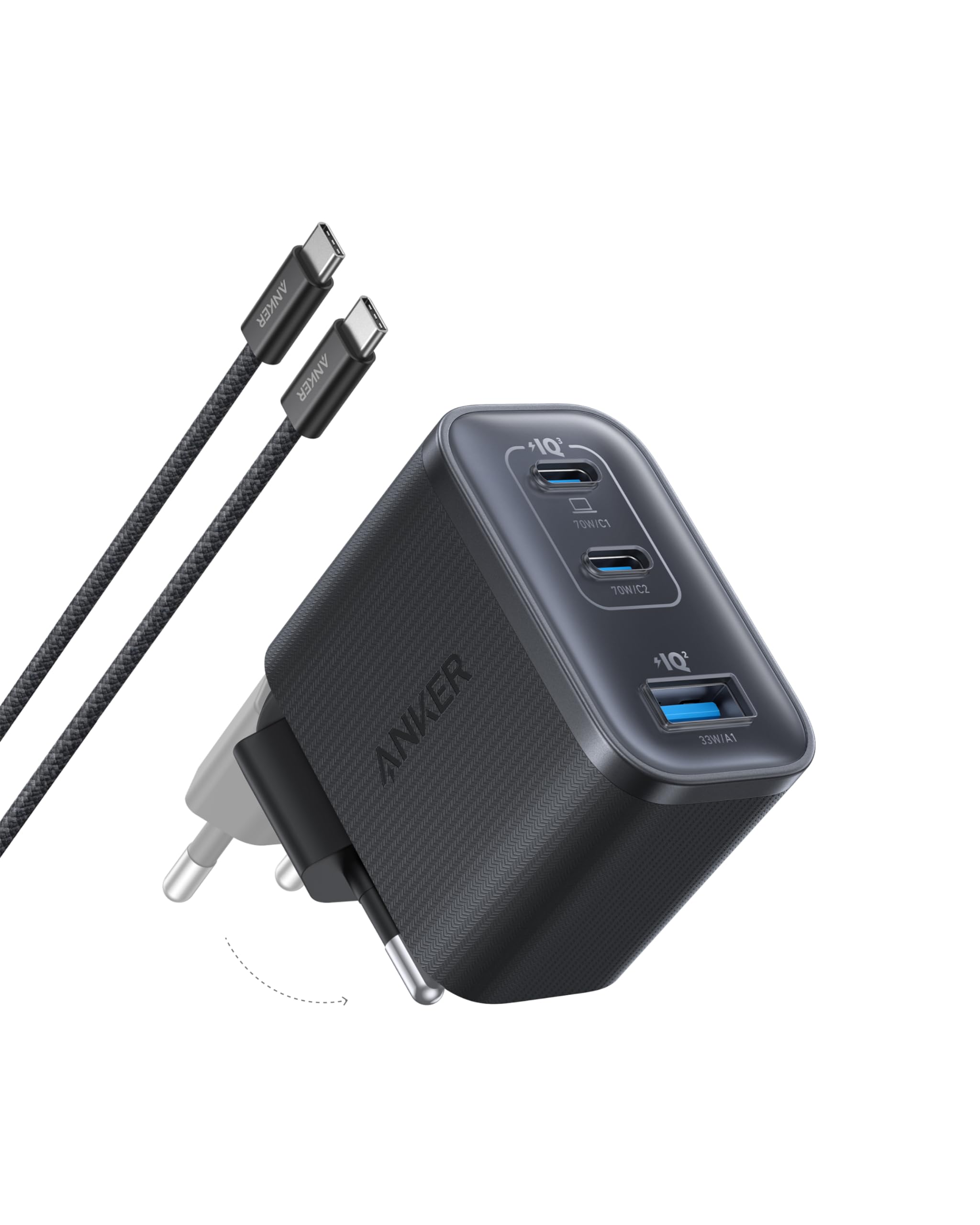 Anker Caricatore da parete Nano USB-C, 3 porte di tipo C, ricarica rapida con 70 W Ultra Fast Out, compatto ed elegante, per iPhone 17/16/serie
