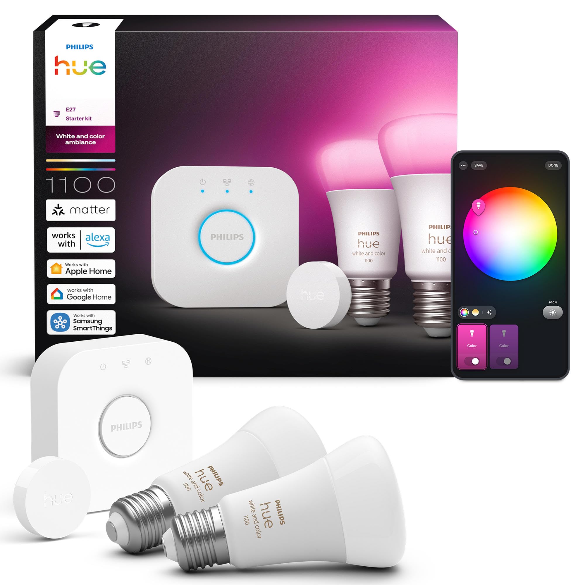 Philips Hue Kit de Démarrage avec Bridge et 2 Spots E27 Connectés