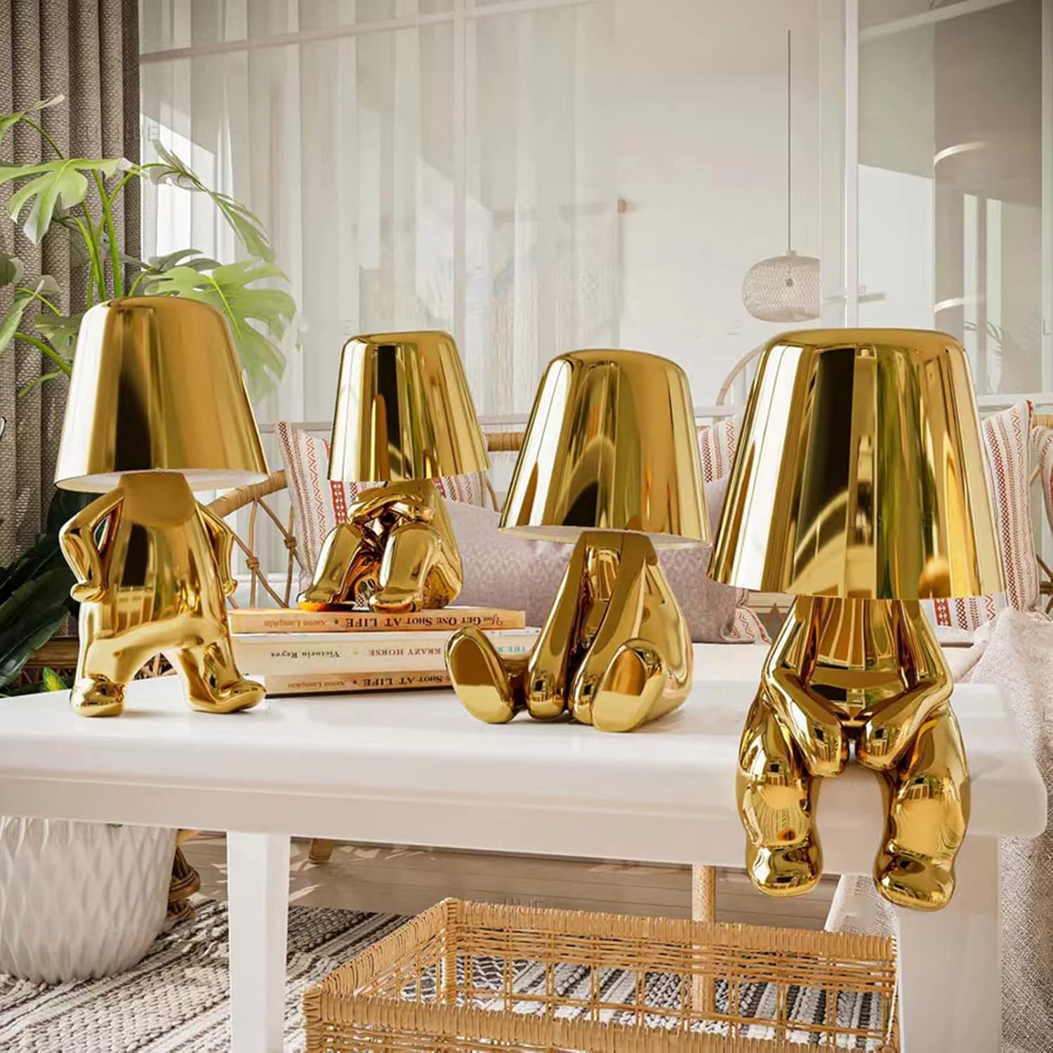 Bedside Touch Control Table Lamp Collection, Gold Decor Thinker Statue LED Table Lamp with USB Port, 3 Way Dimmable Modern Night Light Nightstand Lamp for Home Living Room Office Shelf Decor
