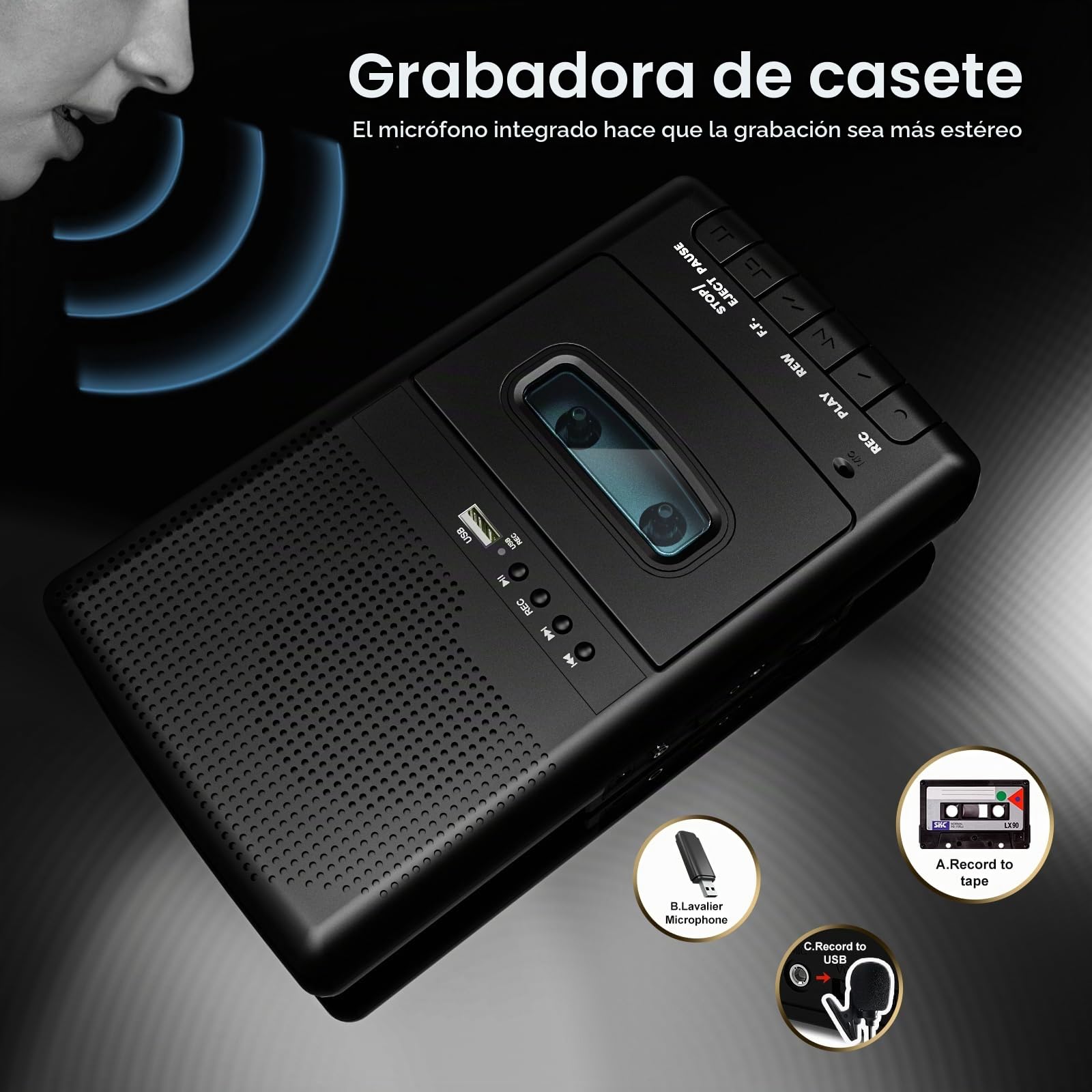 Grabadora de Casete Portátil con Grabación One Touch, Reproductor de Casete Móvil y Digitalizador USB, Grabadora de Cassette, Altavoz Integrado, Mango Extensible, Auriculares de 3,5 mm, Negro