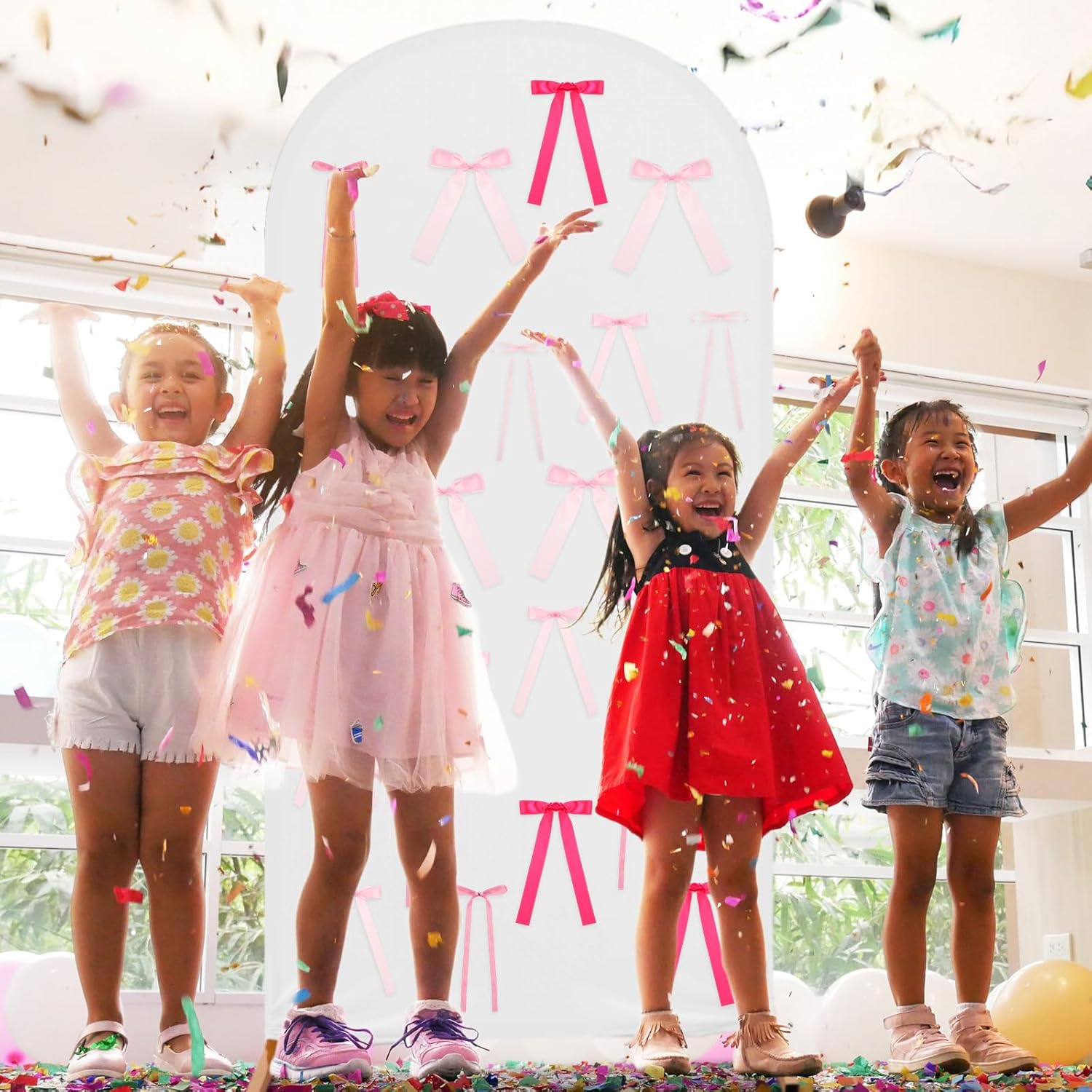 41 Pcs Pink Bow Party DIY Decoration Include White Arch Backdrop Cover Stretchy 7.2ft and Pink Satin Ribbon Bows for Girls Nights Baby Shower Birthday Wedding Bachelorette Coquette Banquet