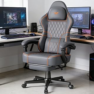 Soontrans Gaming Stuhl mit Massage Lendenwirbelstütze, Gepolstert Gaming Chair, Gaming Stuhl Ergonomisch mit Fußstütze, Kunstleder, 90-160° Rückenlehne verstellbar Gaming Sessel, 136kg（Grau）