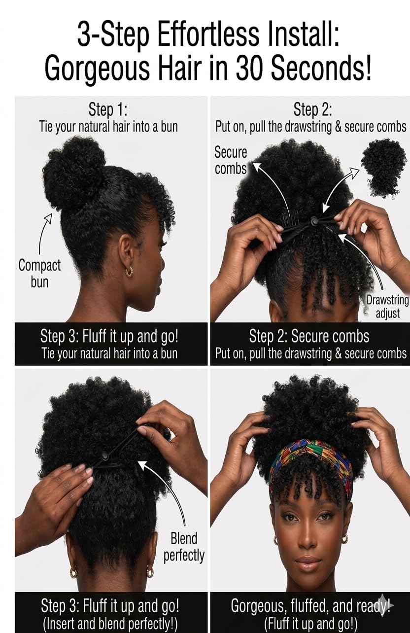 Coda di cavallo con cordoncino, per donne afroamericane, coda di cavallo con frangia, coda di cavallo corta riccia, chignon, extension per capelli (1#)