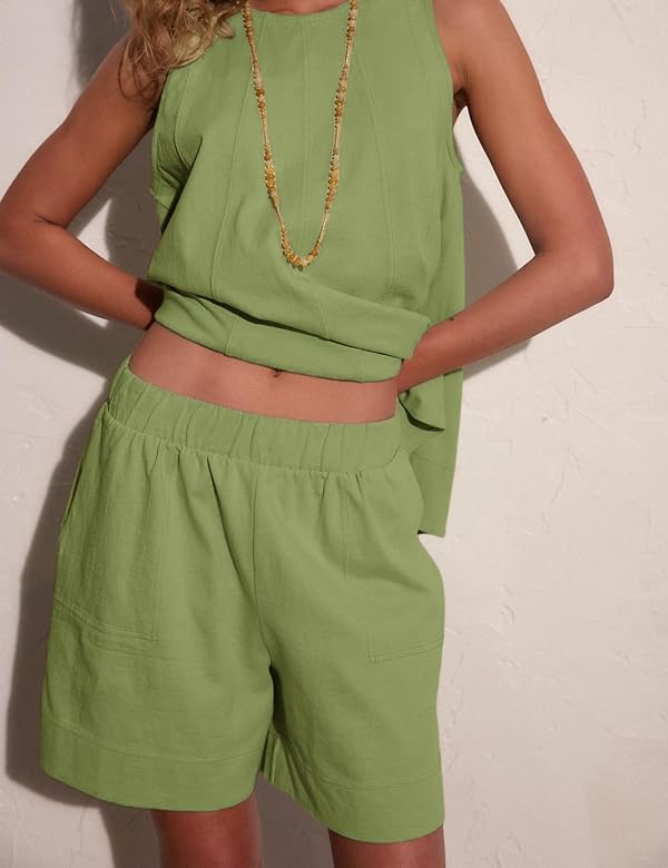 Gozoloma Womens 2 piece Outfits Sleeveless Matching Sets A Line Tank Tops Contrast Stitching High Waist Shorts with Pockets(LightGreen-L) by Gozoloma - Used condition - Image 4