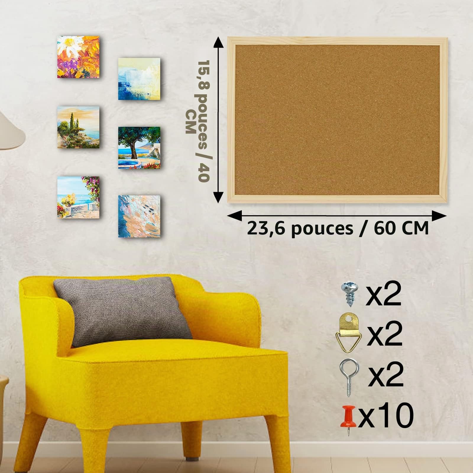 OWLKELA Tableau en Liège Épais 60 x 40 cm, Panneau Liege, Tableau Mémo, Avec 10 Punaises, Tableau D'affichage pour Bureau, Salle de Classe ou Maison Cadre en Bois Classique