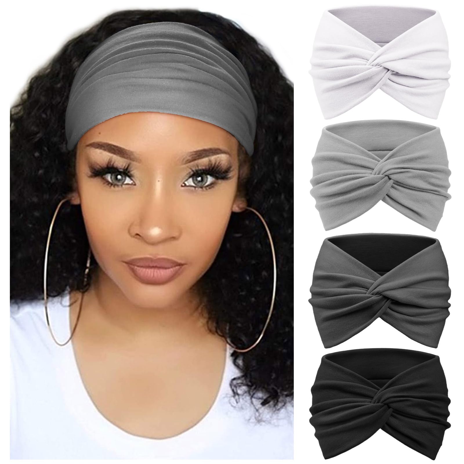 DRESHOW4 Pack Turban Headbands for Women Wide Vintage Head Wraps Knotted Cute Hair Bands Accessories