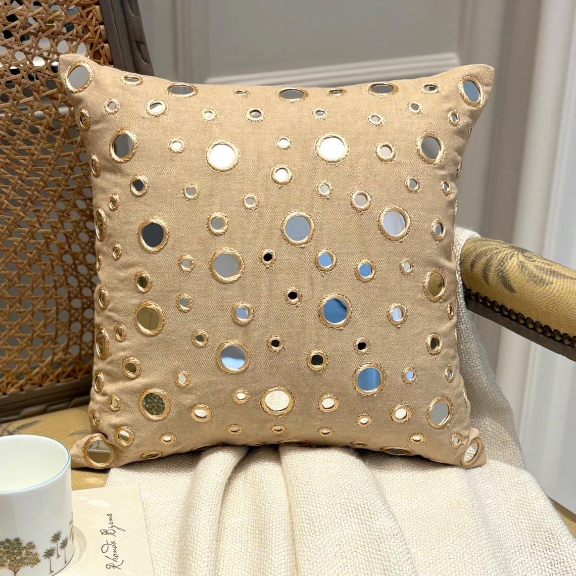 The HomeCentric Throw Pillow Covers, Beige Throw Pillows for Couch 16x16 inch (40x40 cm) Cotton Decorative Pillow Covers, Circles & Dots, Mirror Embroidery, Contemporary Cushion Cover - Reflections
