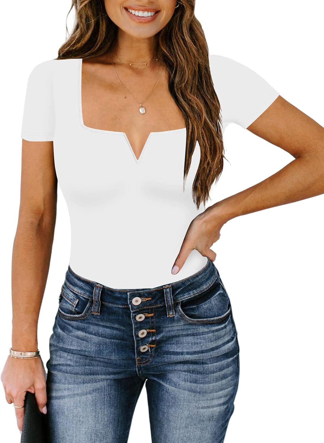 Condition photo showing As Is for chunpin women’s square notch v neck bodysuit short sleeve going out outfits x-large b-white short sleeve