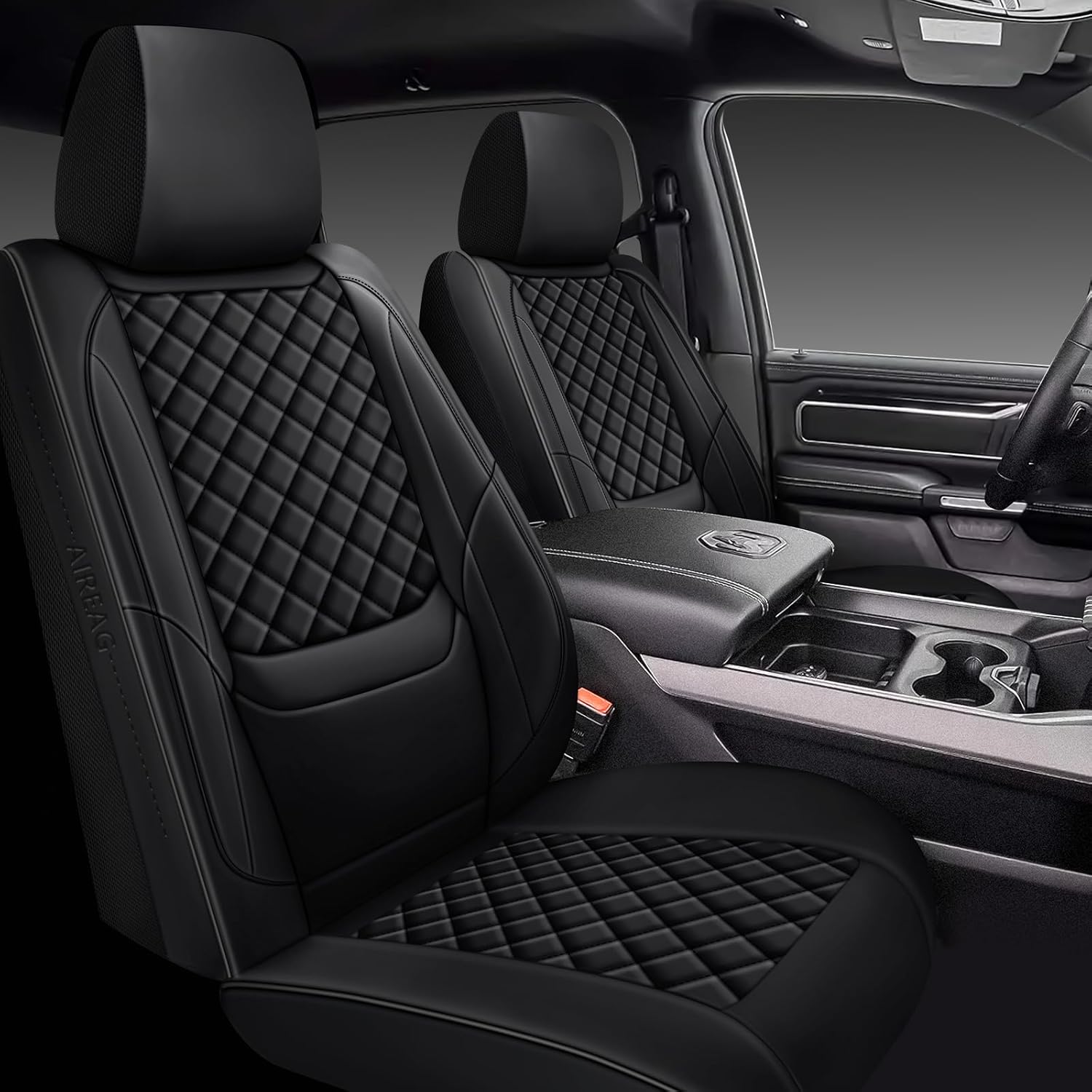 Ram Seat Covers 2009-2026 Front Pair, Truck Interior Sets with Lumbar Support Custom Fit for Dodge Ram 1500/2500/3500 Crew/Quad/Mega Cab Bighorn Longhorn Laramie Tradesman Rebel, Black