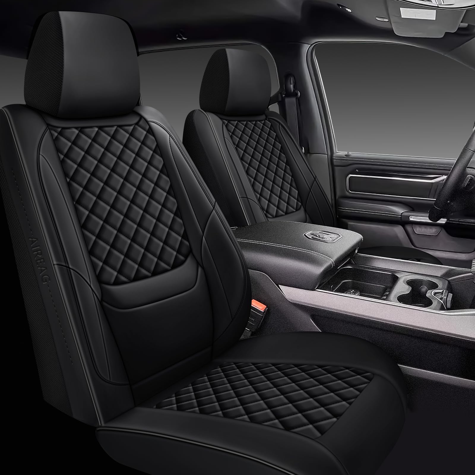 Ram 1500 Seat Covers 2019-2026 Full Set, Truck Interior Sets with Lumbar Support Custom Fit for Dodge Ram 1500/2500/3500 Crew/Mega Cab with Rear Flat Bench, Black