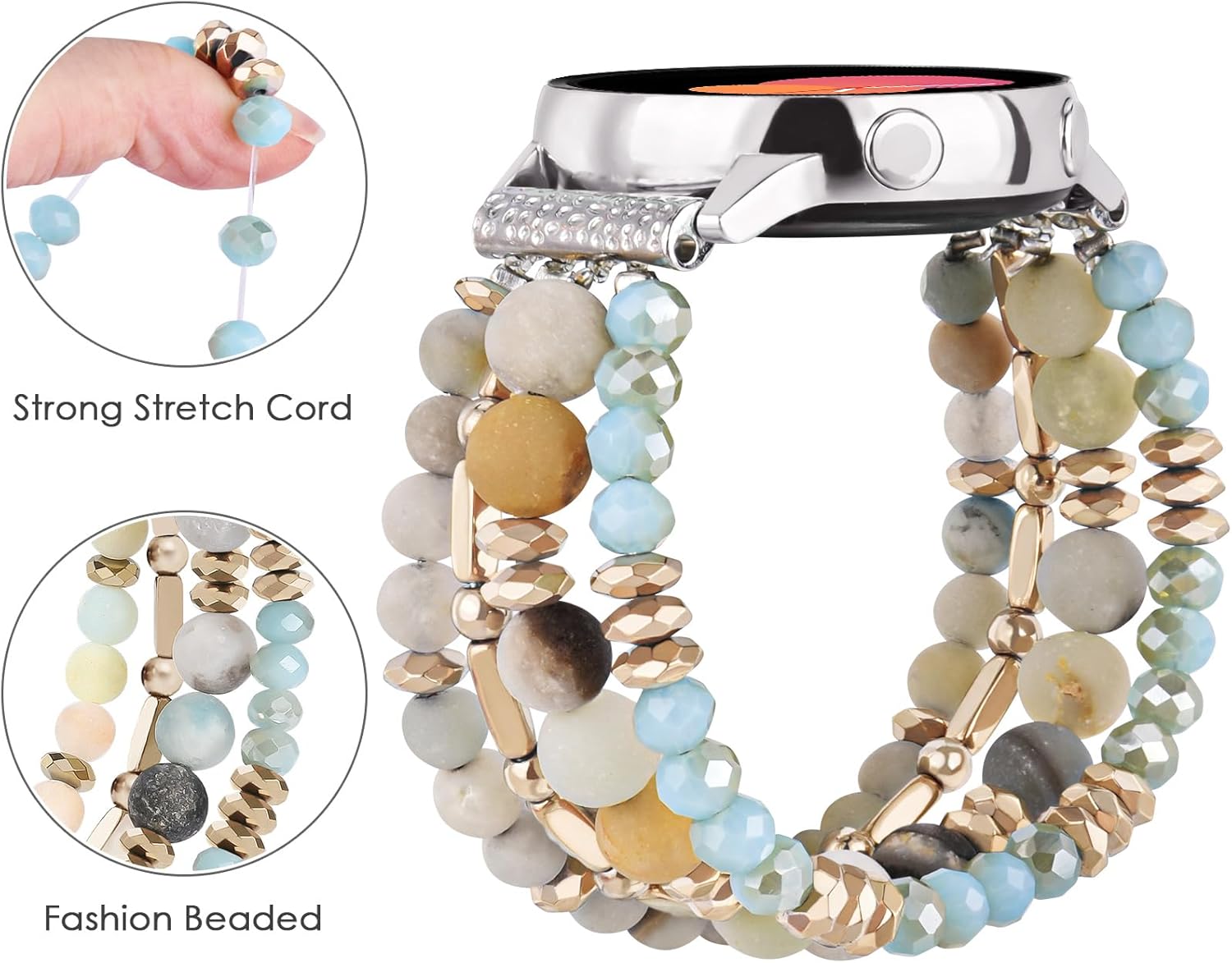 VISOOM Beaded Boho Bracelet Compatible for Samsung Galaxy Watch 8/7/6/5/4 40/44mm Bands/Active 2 Watch 4 Classic 42mm Band Women, 20mm Handmade Elastic Crystal Beads Bracelet for Galaxy Watch 5 pro - Image 3