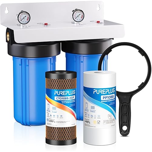 PUREPLUS 2-Stage Whole House Water Filtration System, Reduces Chlorine, Odor, Heavy Metals & Rust, with Pressure Gauges, 10" x 4.5" Housing, 1" Inlet/Outlet, PP Sediment & KDF Carbon Block Filters