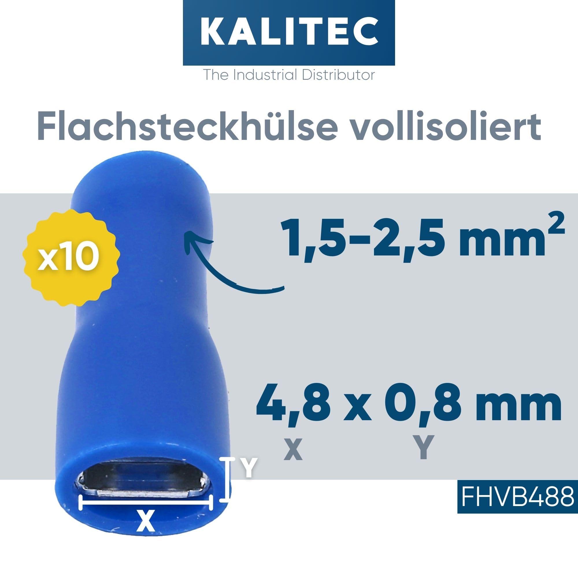 Kalitec Lot de 10 Cosses Plates Bleues 4,8 x 0,8 mm, Connecteur de Câble | Section 1,5-2,5 mm², AWG 16-14, Entièrement Isolé, Laiton avec Manchon en Cuivre, pour Voiture et Armoire Électrique