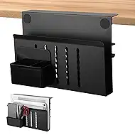 Desk Side Storage with Pen Holder, No Drill Hanging Desk Organizer Under Desk Storage Mount, Clamp-On Laptop Holder Table Side Tray Desktop Organization for Office and Home (Black)