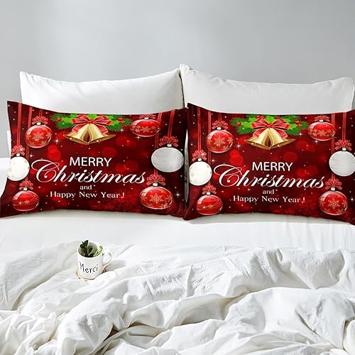 Miniatura 3 de Manfei Juego de funda de edredón con chispa roja, tamaño King, bolas de Navidad, campanas doradas, lazo, funda de edredón con estampado de lazo de