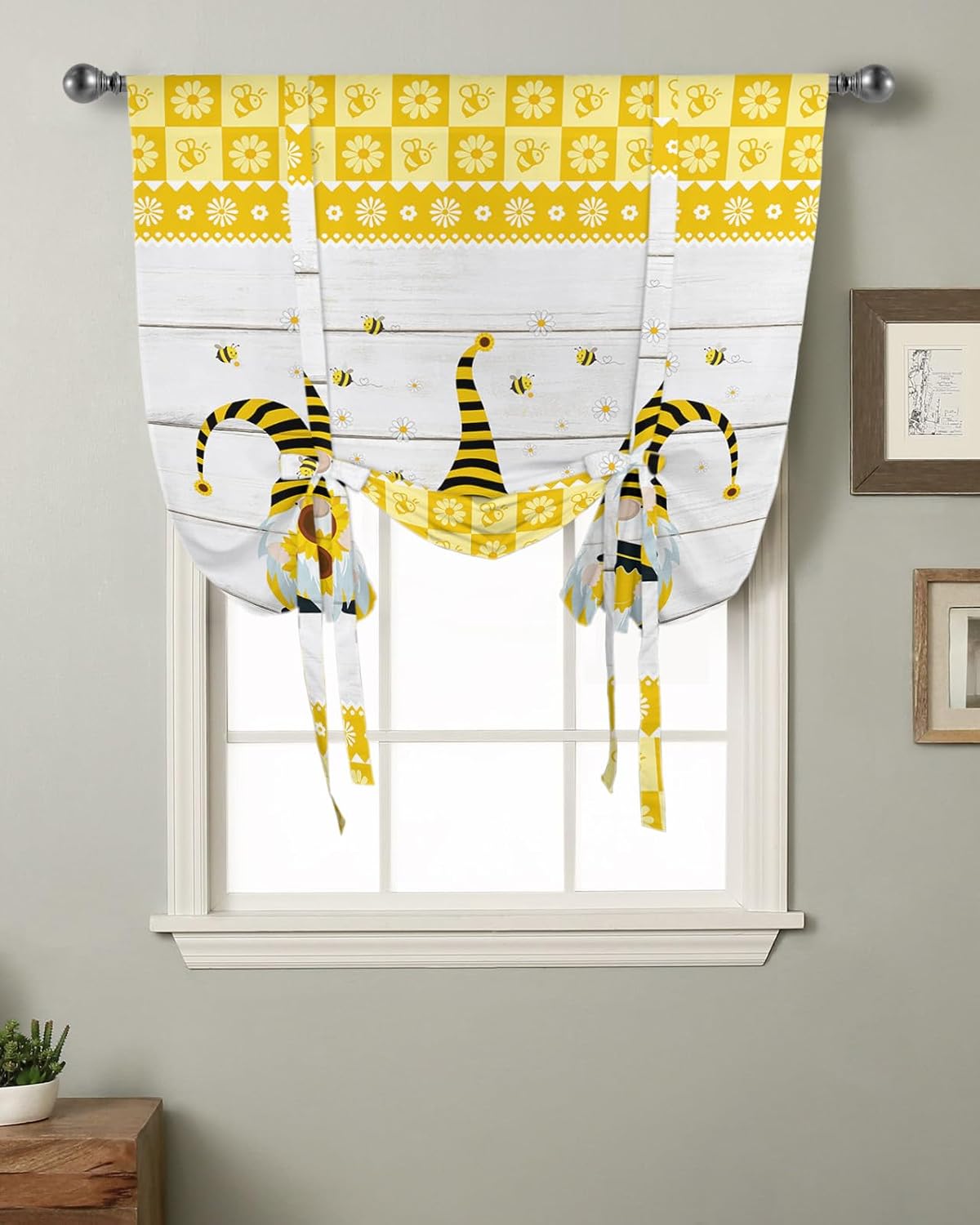Pastoral Tie Up Window Shade Curtain Farm Gnome on Wood Plank Kitchen Adjustable Balloon Curtains Shades Drape 52x63In for Living Room/Bedroom/Cafe Windows Cute Bee Floral Buffalo Checker