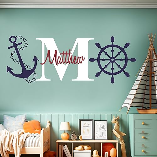 Miniatura 8 de Calcomanía de pared de vinilo personalizable con nombre, inicial, timón y anclaje, decoración de pared para bebé, niño y niña, decoración náutica,