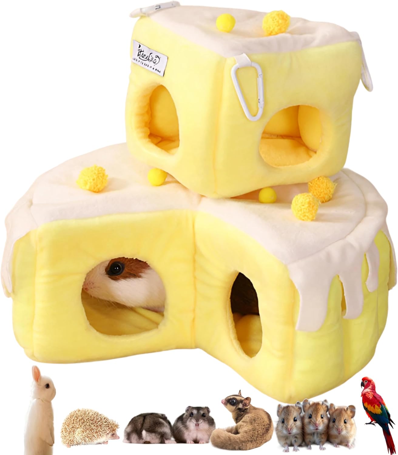 Guinea Pig Tunnel Hideout 2 Way 2 Packed Washable Ferret Cage Accessories Tunnel Tube Hammock Small Animal Pet House Bed (Yellow, One Size)