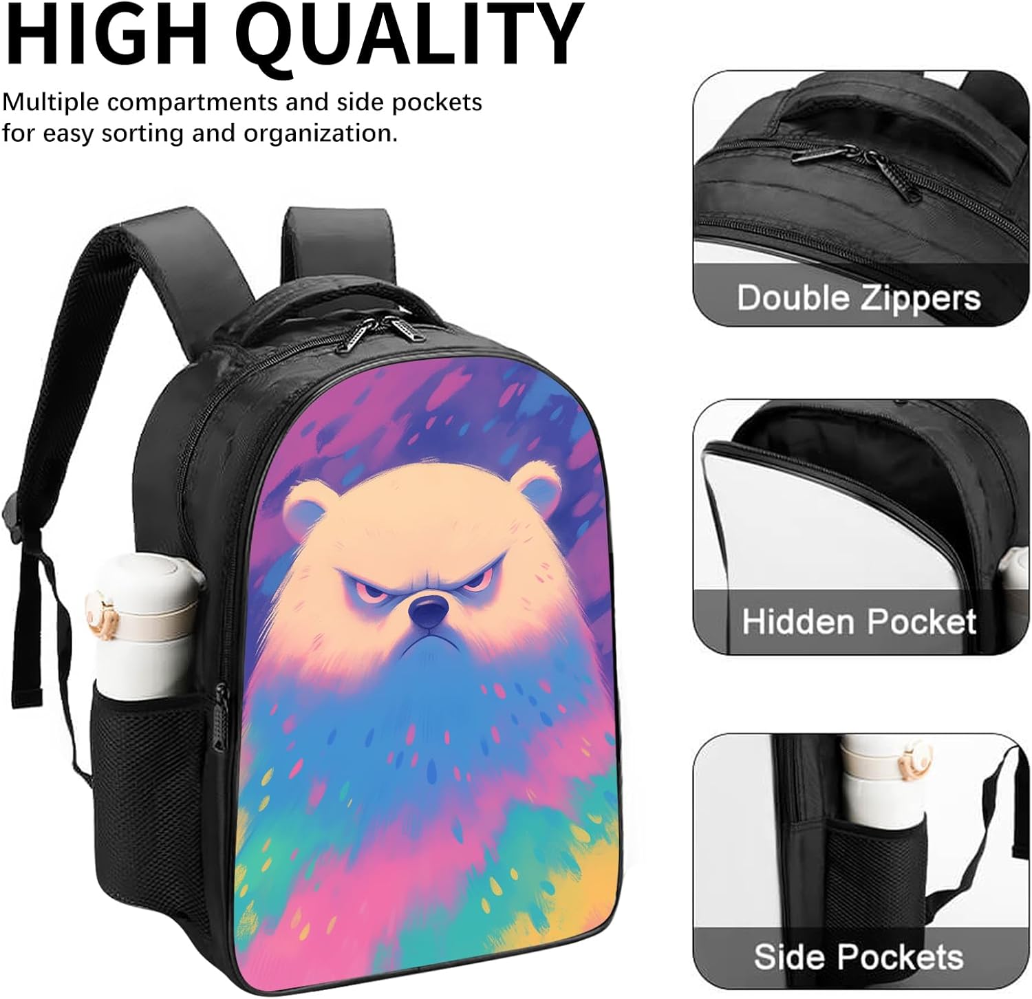 Bear Backpack Cute Angry Bear with Rainbow Leopard Cheetah Print Bookbag, Animal School Backpack Shoulder Bag, Elementary School Boys Girls Backpack, 16 Inch Backpack with 2 Compartments