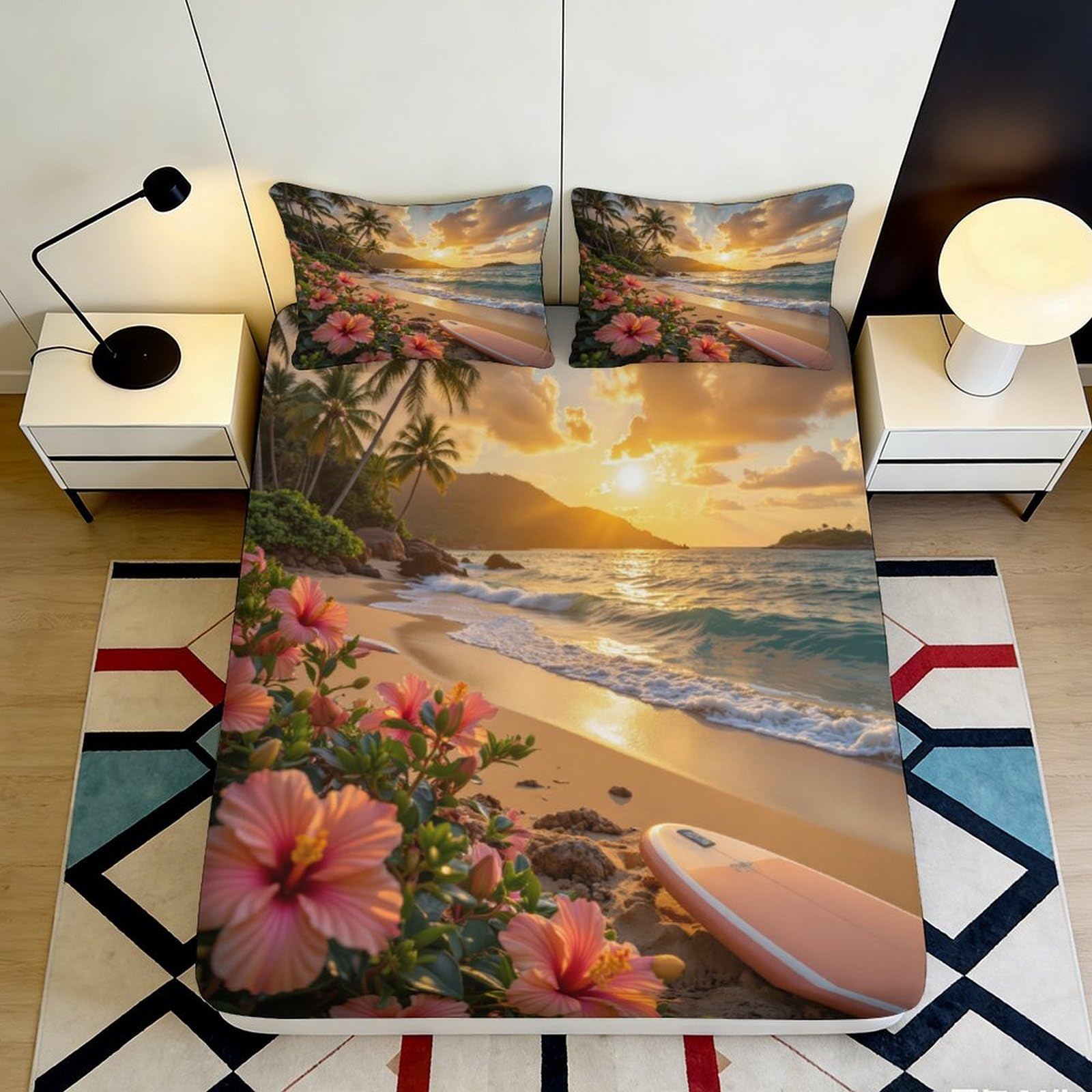 3D Printed Tropical Sunset Beach Fitted Sheet Microfiber Soft Breathable Hibiscus Surfboard Mattress Cover for Bedroom Guest Room Decor 90x200x25cm