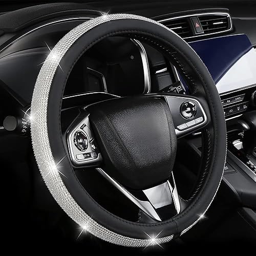 Miniatura 6 de Genérico Bling - Rueda de cuero de diamante para mujeres y niñas con rinoceronas de cryal, ajuste universal para rueda de automóvil de 15 horas,