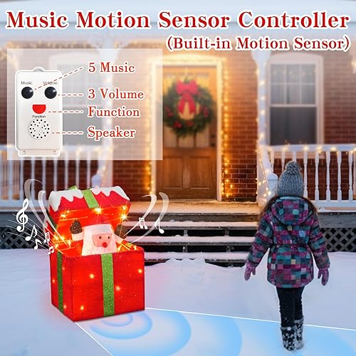 Miniatura 2 de PEIDUO Papá Noel de Navidad animado en caja de regalo iluminada, sensor de movimiento, luces decorativas de música navideña, debajo del árbol de