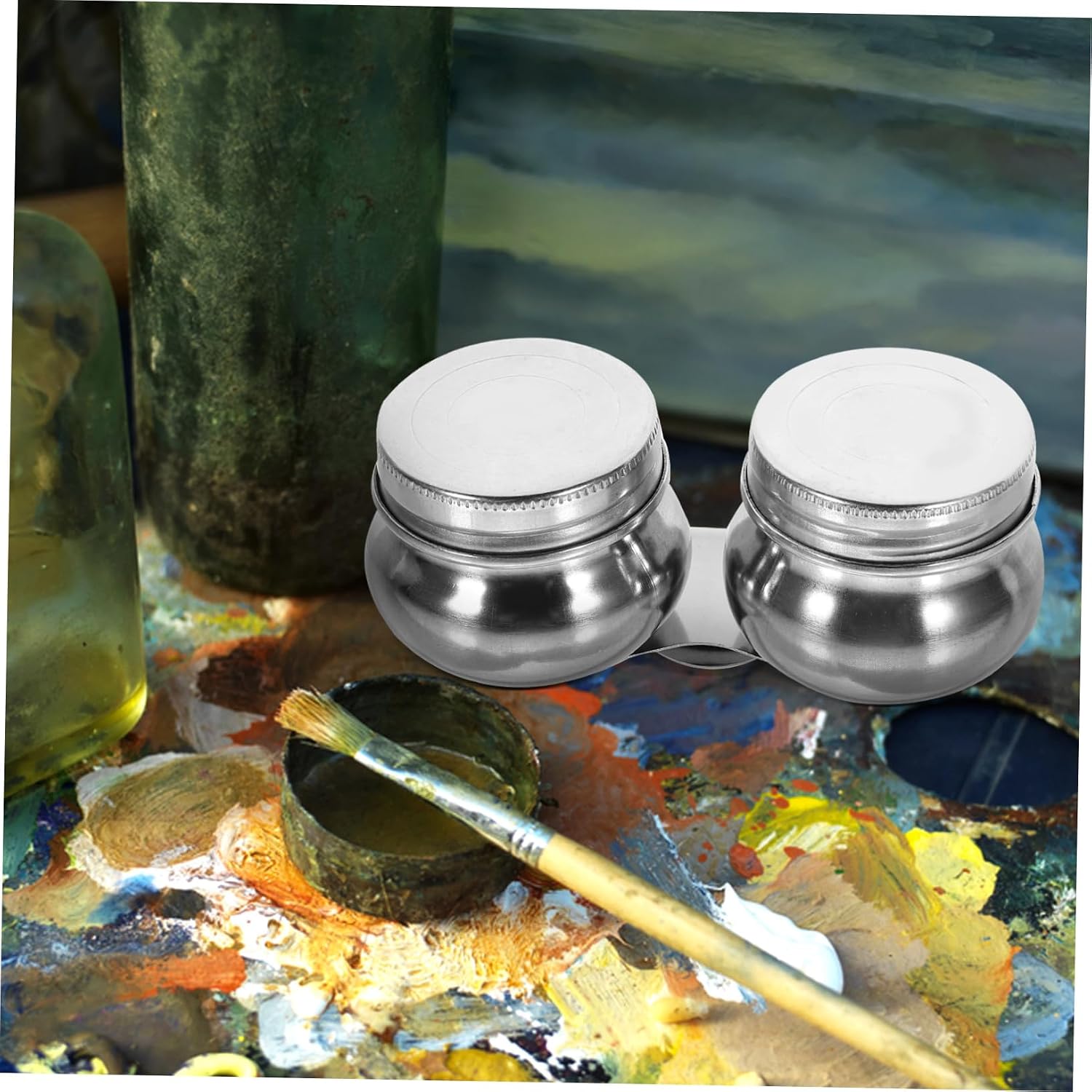 HAPINARY 2pcs Stainless Steel Oil Painting Palette Cup Lid Dipper Cup Portable Brush Cleaning Container for Artists