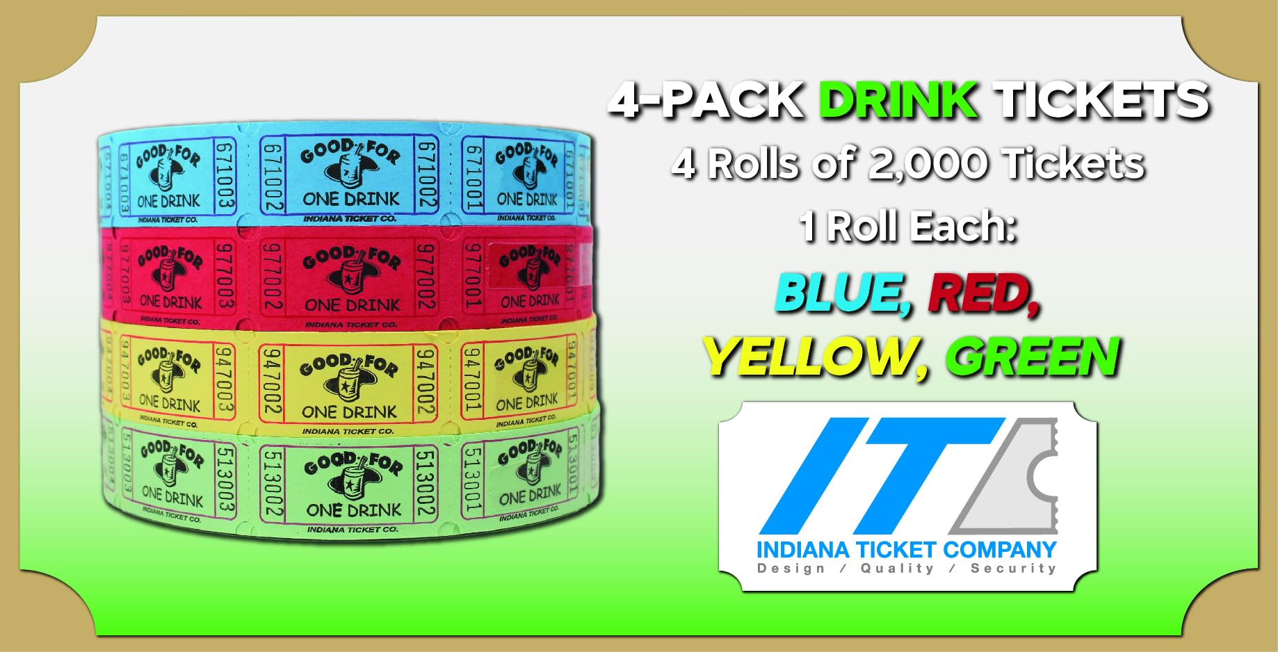 Amazon | INDIANA TICKET CO. 4PK ドリンクロールチケット 赤/青/黄/緑