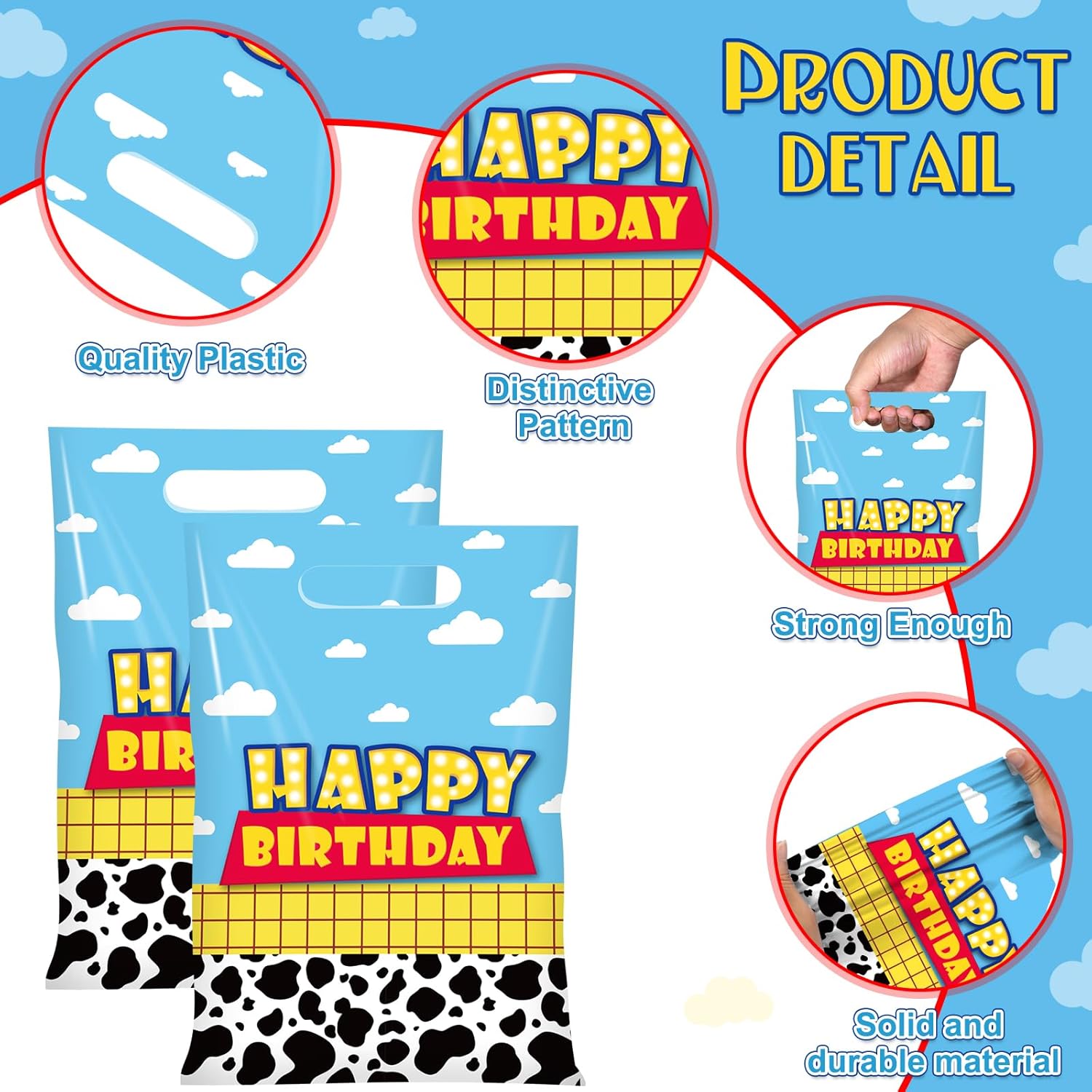 Ragnhild 50 Pcs Cartoon Story Birthday Party Favor Bags, Cow Pattern Goodie Treat Bags Party Supplies, Blue Sky White Cloud Plastic Candy Gift Bag with Handle for Kids Birthday Decorations - Image 3