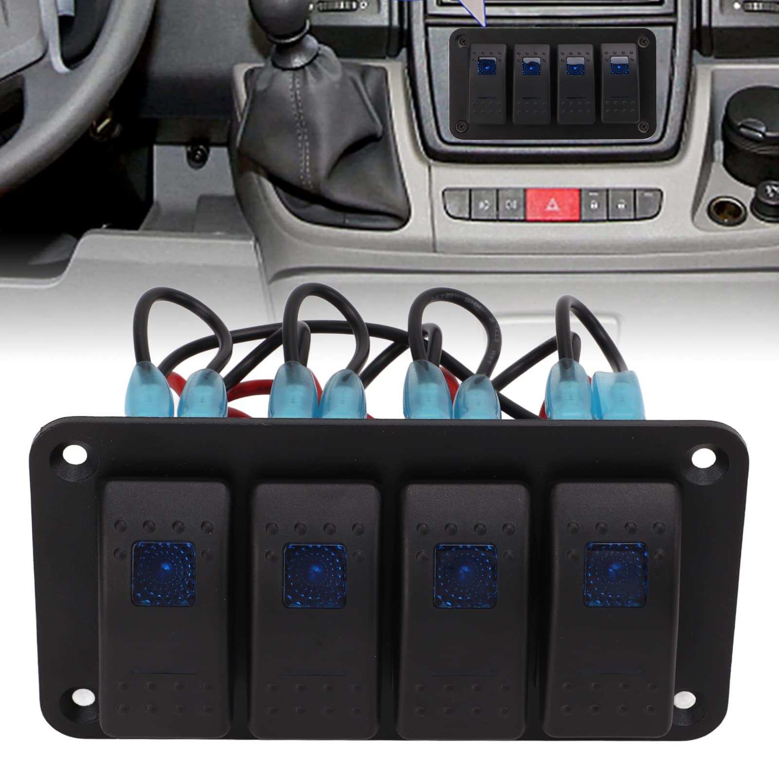 Interruptor basculante, panel de interruptor basculante de 4 bandas Protecciones múltiples LED azul retroiluminado IP65 a prueba de agua para vehículos de 12-24V Barcos SUV Camiones
