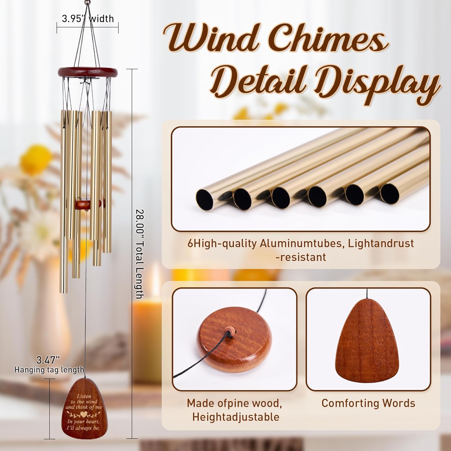 Wind Chimes for Outside, 28" Sympathy Memorial Wooden Wind Chimes for Loss of Loved One Mother Father, Pet Sympathy Gift Suitable for Outdoor, Garden, Patio Decoration Home Decor,Gold - Image 3