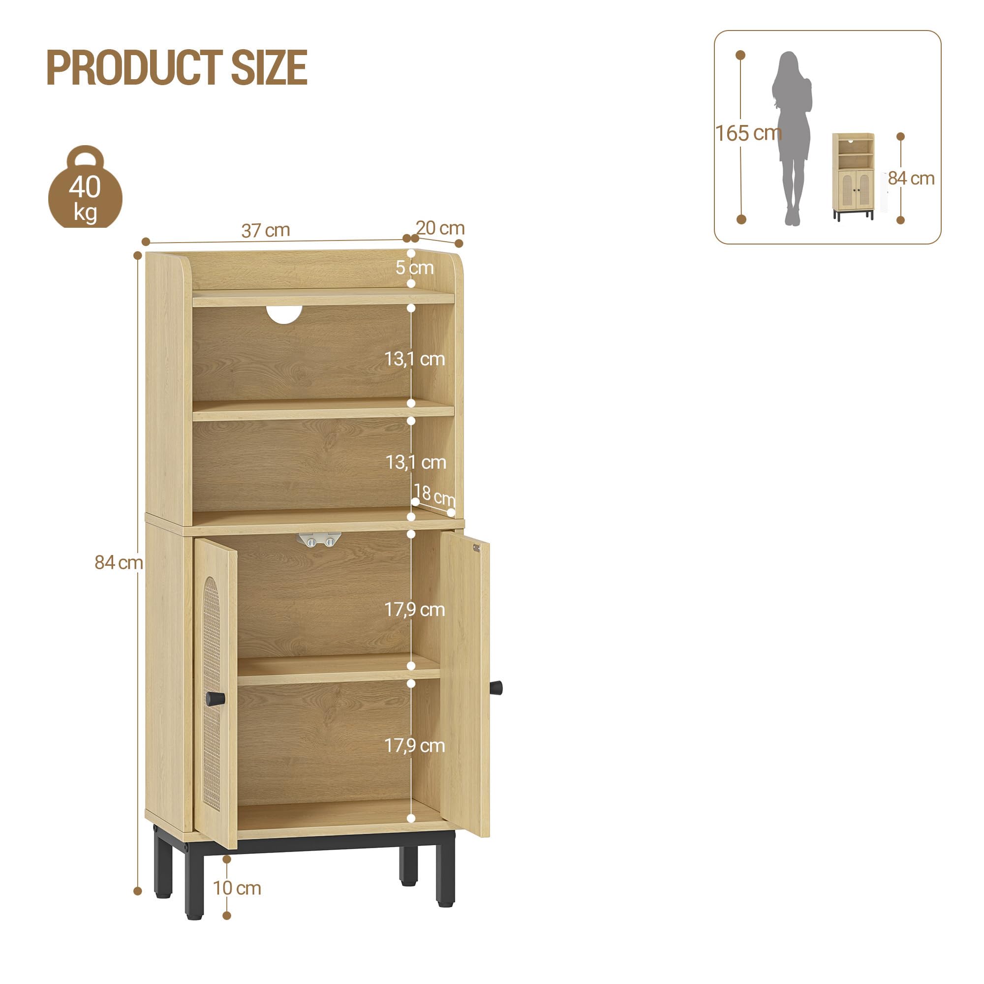 Hzuaneri Mueble de Baño, Armario de Almacenaje, con 2 Estantes Abiertos Ajustables y 2 Puertas, para Baño, Salón, Entrada, Cocina, 20 x 37 x 84 cm, Roble Claro BC48202B