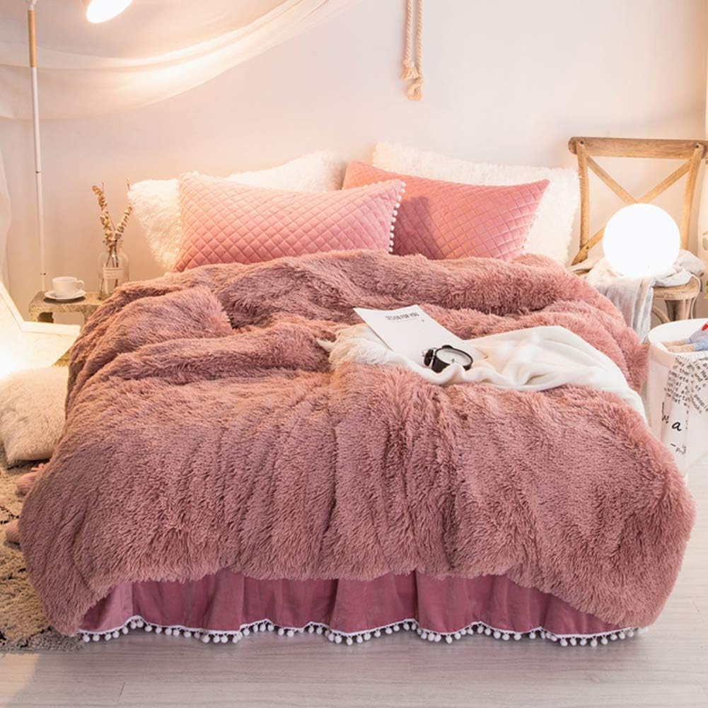 Plush Bedding Set Thick Warm Faux Fur Bedding Set 4 Pieces Solid Color Winter Bed Sheets Twin Size (D King)