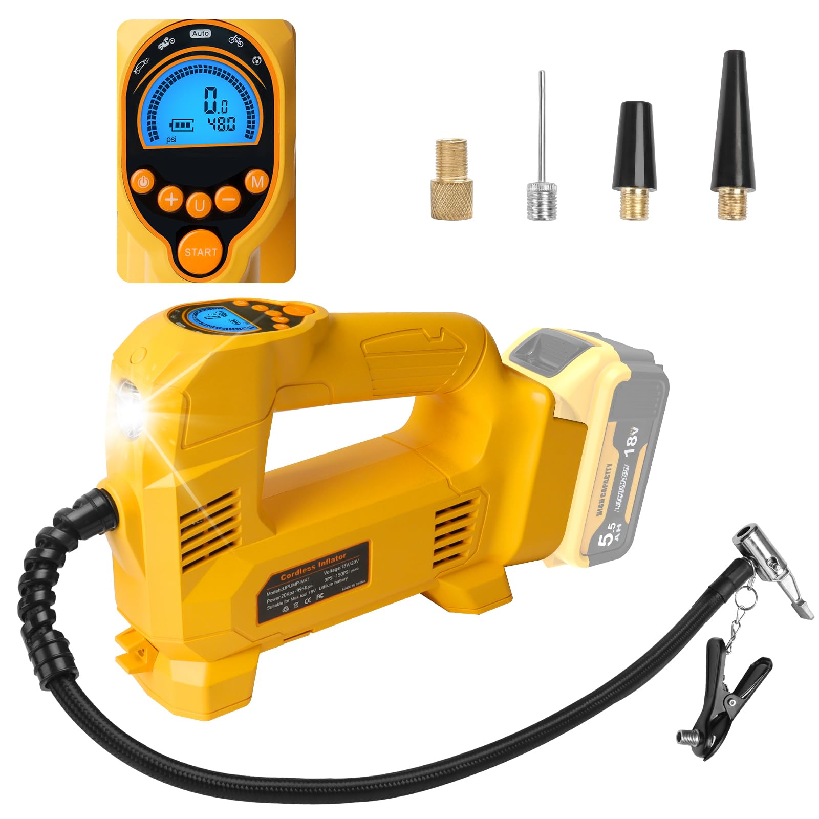 Powarobor Cordless Tyre Inflator Air Compressor for Dewalt 18V Battery,150PSI Portable Tire Pump with Digital Pressure Gauge and LED Light for Cars Motorcycles Bicycles Balls (Tool only,no Battery)