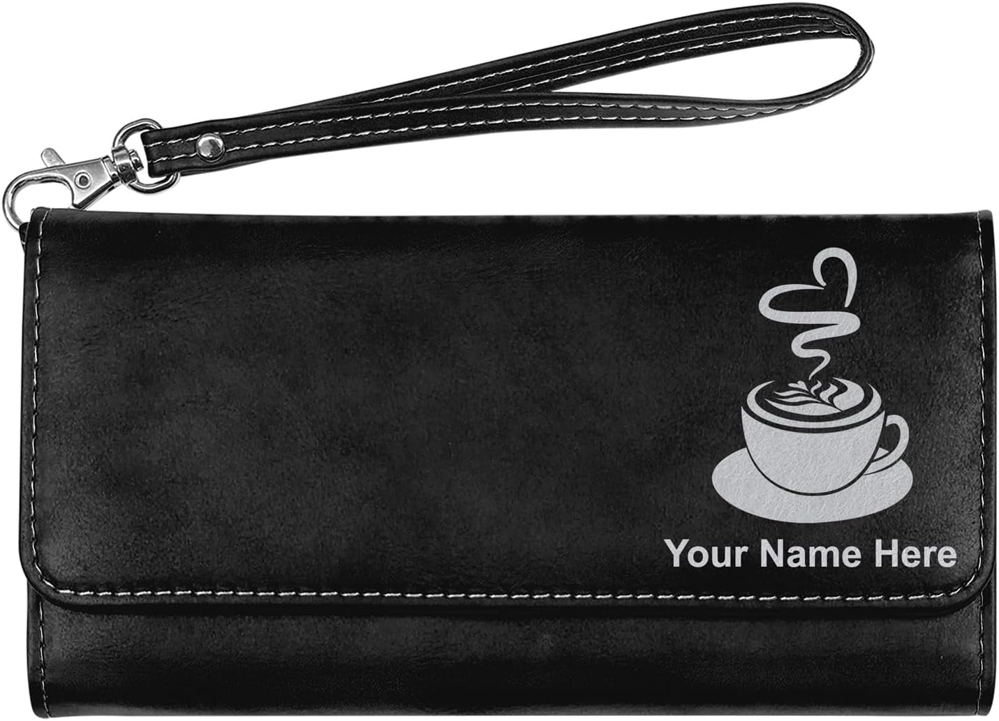 LaserGram Faux Leather Womens Wallet with Strap, Cup of Coffee, Personalized Engraving Included (Pink)