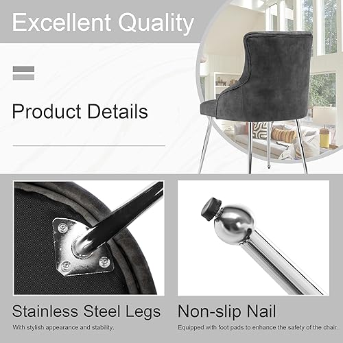 Miniatura 40 de Silla de tocador de terciopelo con respaldo, moderna silla pequeña sin brazos con patas de metal, silla auxiliar tapizada para sala de estar, Gris