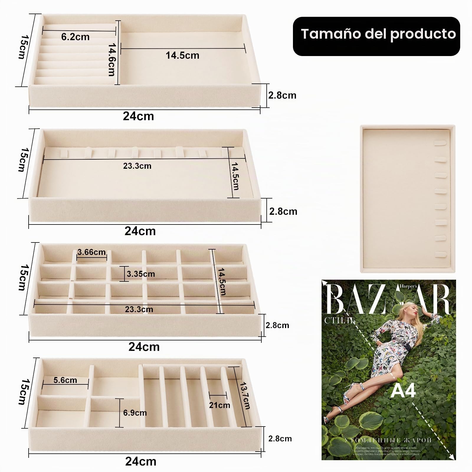EXLECO 4 Grande Organizador Joyas Cajones, Organizador de Joyería de Terciopelo, Apilables Bandejas Joyería, Organizador Joyas Extraíbles Organizador para Pendientes Anillos Pulseras Collares Beige