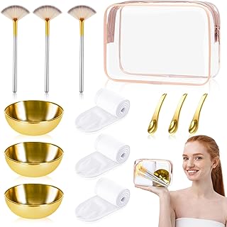 13 Pcs Esthetician Supplies 3 Gold Bowls Stainless Steel 3 Gold Skincare Spatula Metal 3 Facial Fan Brushes 3 White Facial