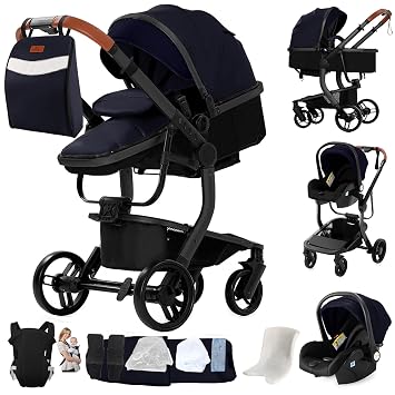 PU Leather Pushchair 3-in-1 High-Quality Fabrics Pushchair Set Two-Way Sliding Function Travel Systems Open View Combination Pram 3-in-1 Complete Set L518 Black Blue