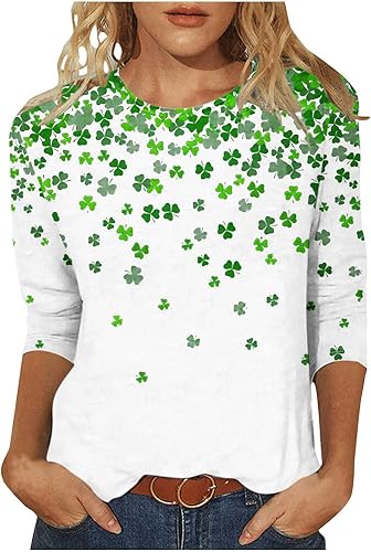Camiseta del día de San Patricio para mujer, con estampado de trébol irlandés de manga 34, blusa de cuello redondo de la suerte, camiseta tipo