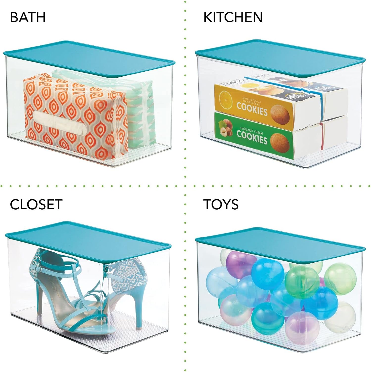 mDesign Stackable Bathroom Storage Box with Lid - Container for Organizing Hand Soaps, Body Wash, Shampoo, Conditioner, Hand Towels, Hair Accessories - Lumiere Collection - Clear/Teal Blue
